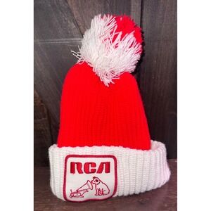 Vintage RCA Nipper Dog Embroidered Beanie Hat Red White Pom Pom